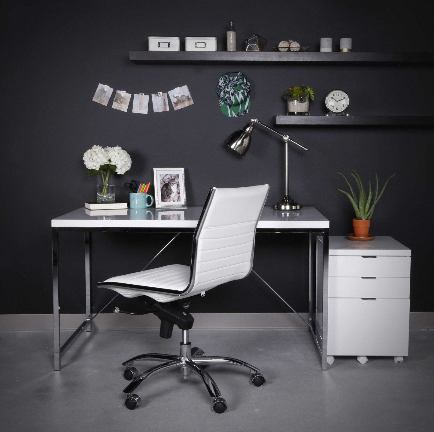 White and Silver Adjustable Swivel Faux Leather Rolling Conference Office Chair