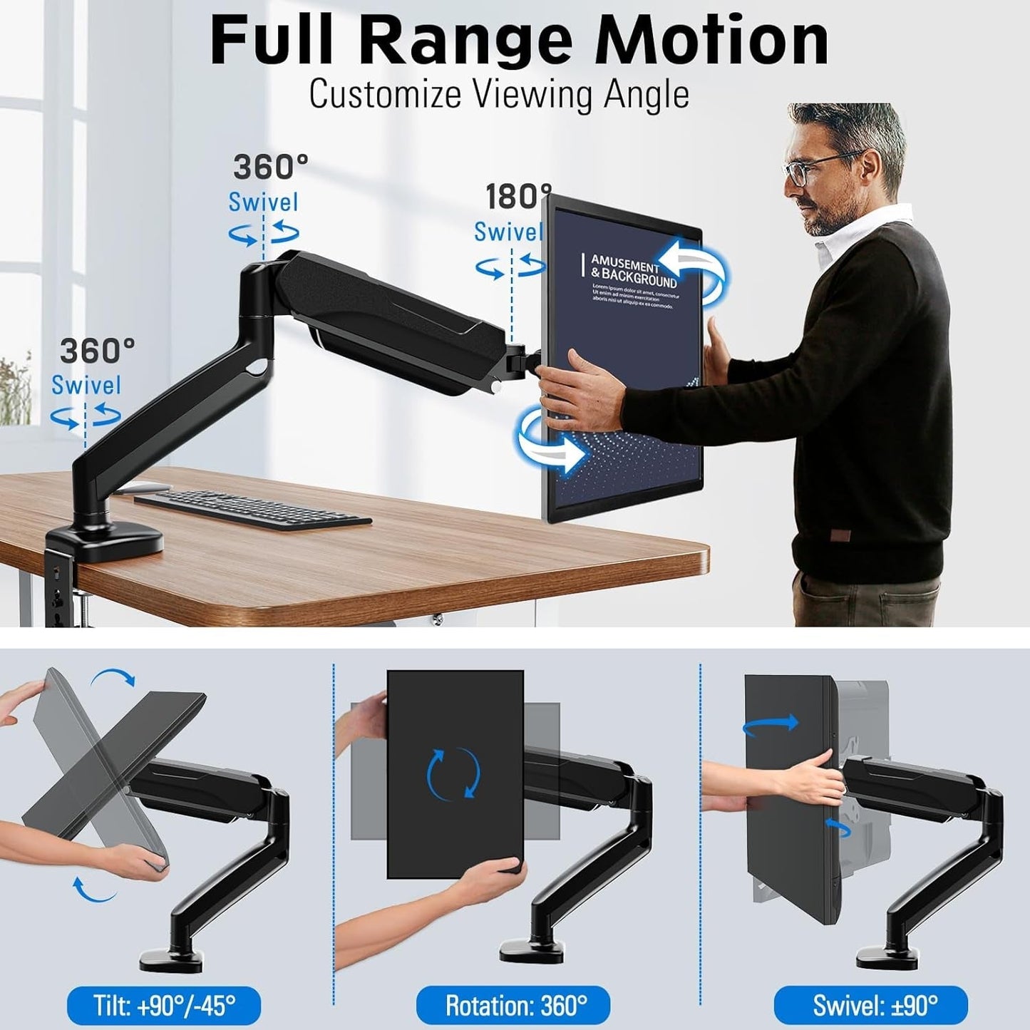 Single Monitor Desk Mount, Adjustable Gas Spring Monitor Arm Support Max 32 Inch, 4.4-17.6Lbs Screen, Computer Monitor Stand Holder with Clamp/Grommet Mounting Base, VESA Mount Bracket, Black