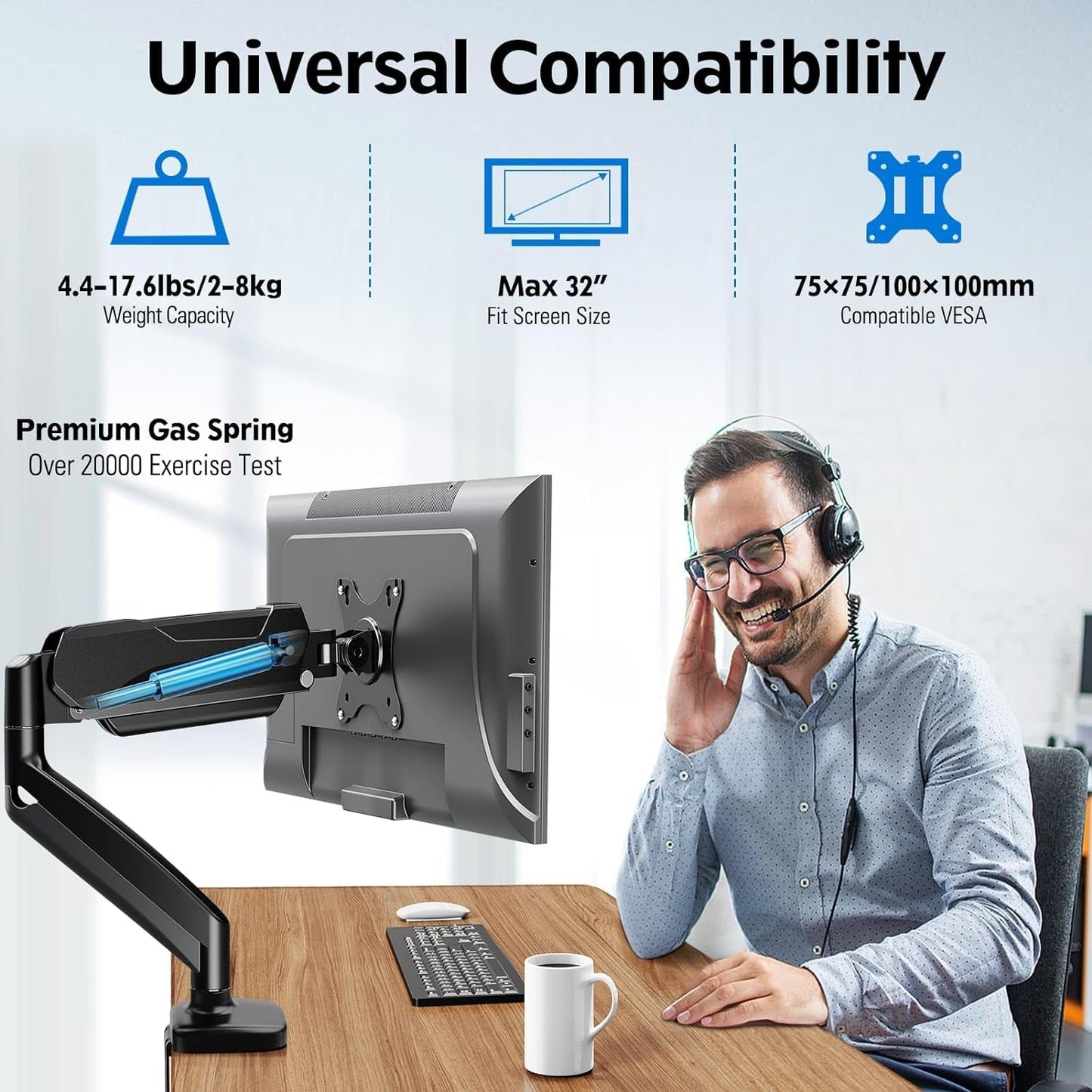 Single Monitor Desk Mount, Adjustable Gas Spring Monitor Arm Support Max 32 Inch, 4.4-17.6Lbs Screen, Computer Monitor Stand Holder with Clamp/Grommet Mounting Base, VESA Mount Bracket, Black