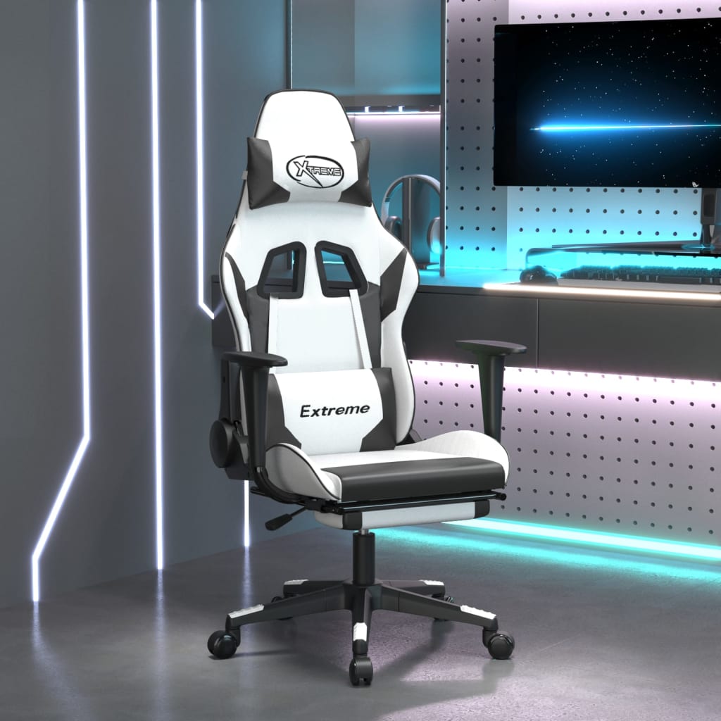 vidaXL Gaming Chair with Footrest White and Black Faux Leather-0