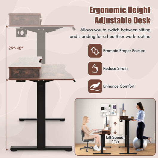 63 Inch x 24 Inch Electric Standing Desk with 2 Drawers-Rustic Brown
