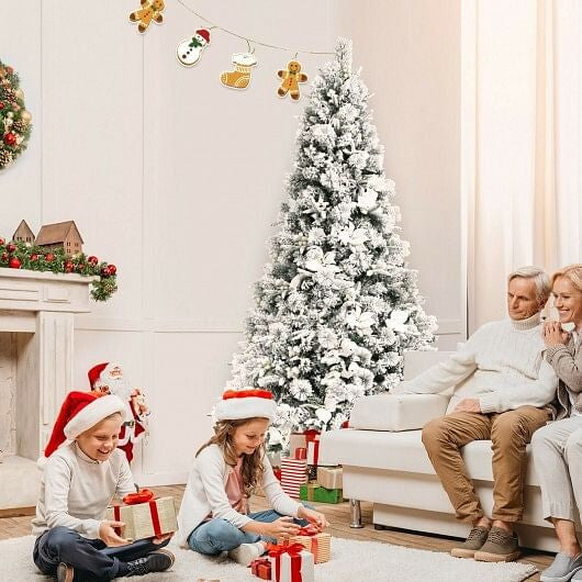 7 Feet Snow Flocked Christmas Tree with Poinsettia Flowers-1