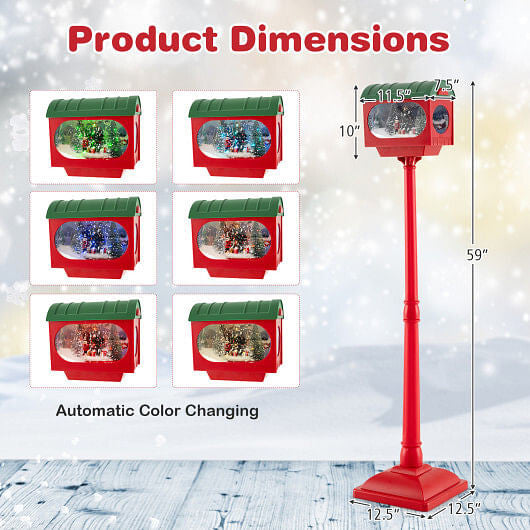 59 Inch Christmas Street Lamp with Sound-Activated Snow Globe Lantern-Red-2