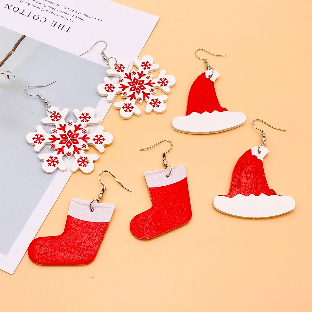 Christmas Stocking Snowflakes PU Faux Leather Earrings for Women Teardrop Drop Dangle Earrings  Fashion Jewelry Gifts
