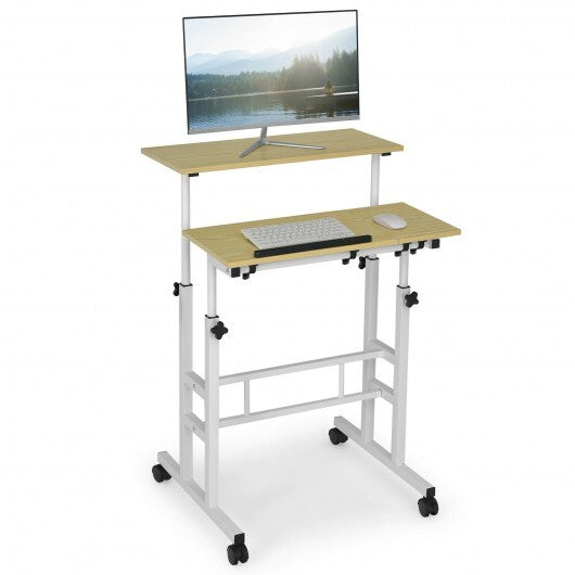Mobile Standing up Desk Adjustable Computer Desk Tilting Workstation-Natural - Color: Natural