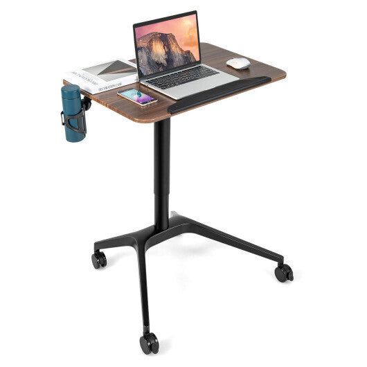 Pneumatic Standing Desk with Anti-fall Baffle and Cup Holder - Color: Brown