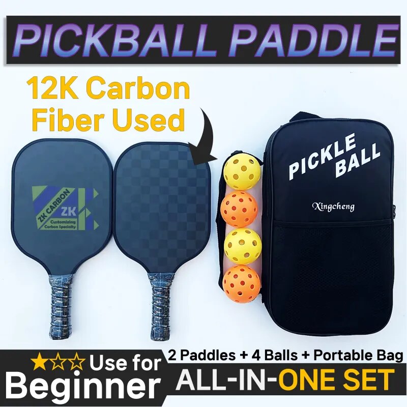 Family Outdoor Activity Pickle Ball Set Premium 12K Carbon Fiber Paddles For 2 Persons Free Portable Bag Included