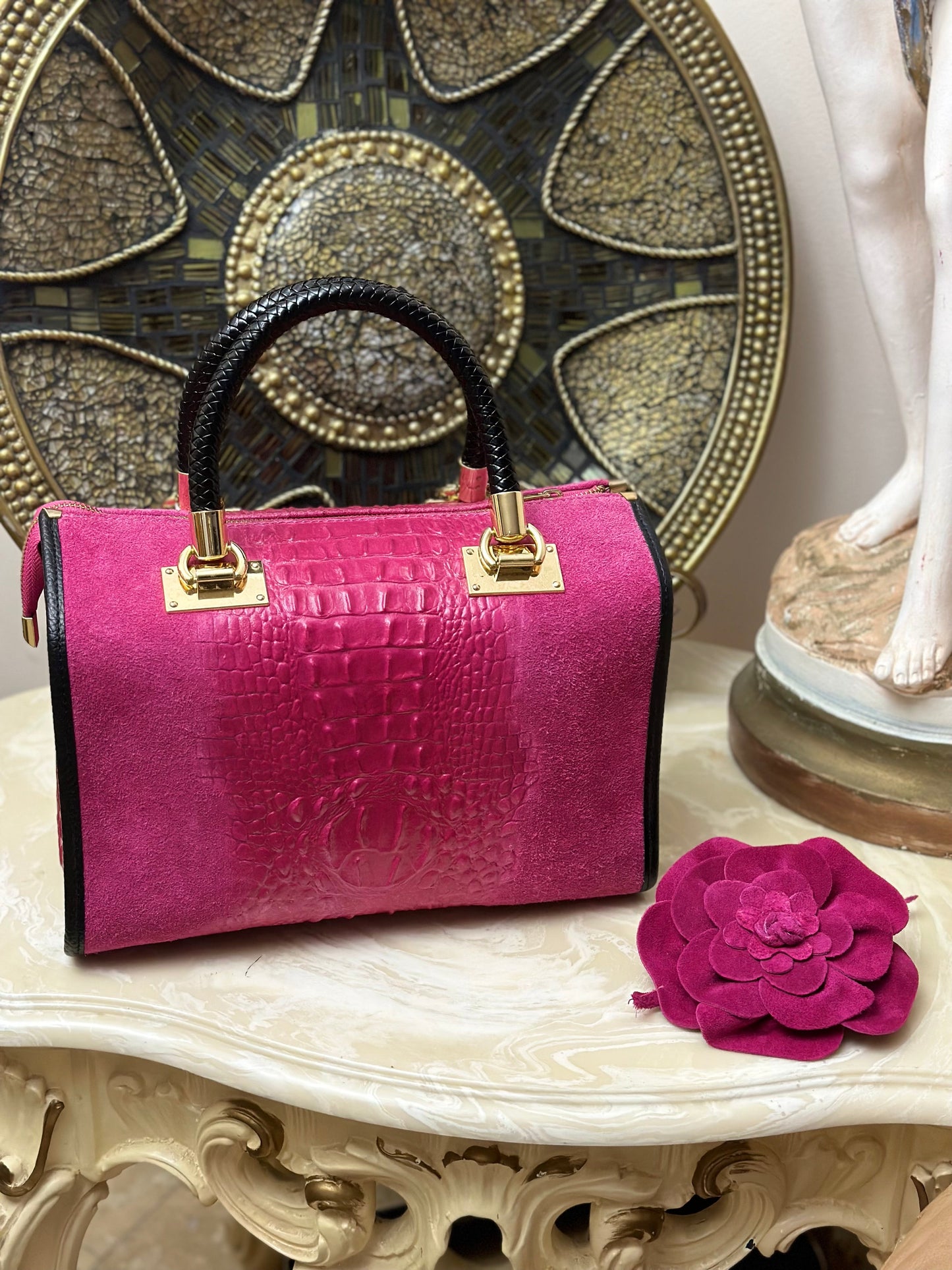 Suede Croc Emboss Italian Leather Handbag-1