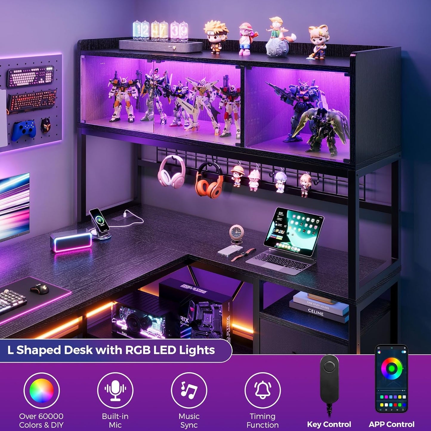 L Shaped Gaming Desk With Integrated Storage Solution Black