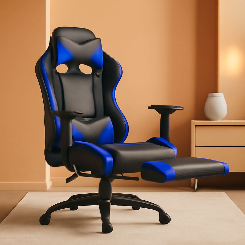 Blue Gaming Chair With Footrest And Lumbar Support For Desk-0
