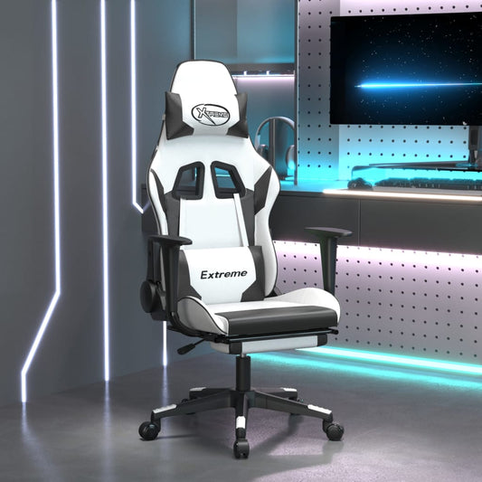 vidaXL Gaming Chair with Footrest White and Black Faux Leather-0