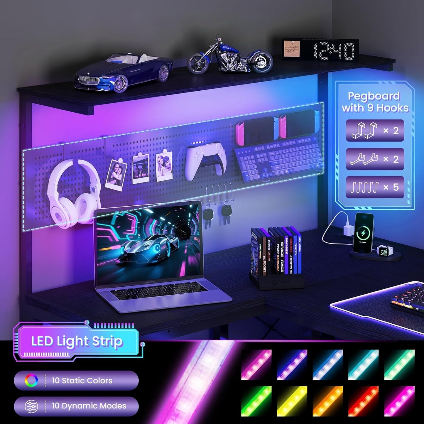 FiftyFiveInch L Shaped Gaming Desk Featuring Pegboard