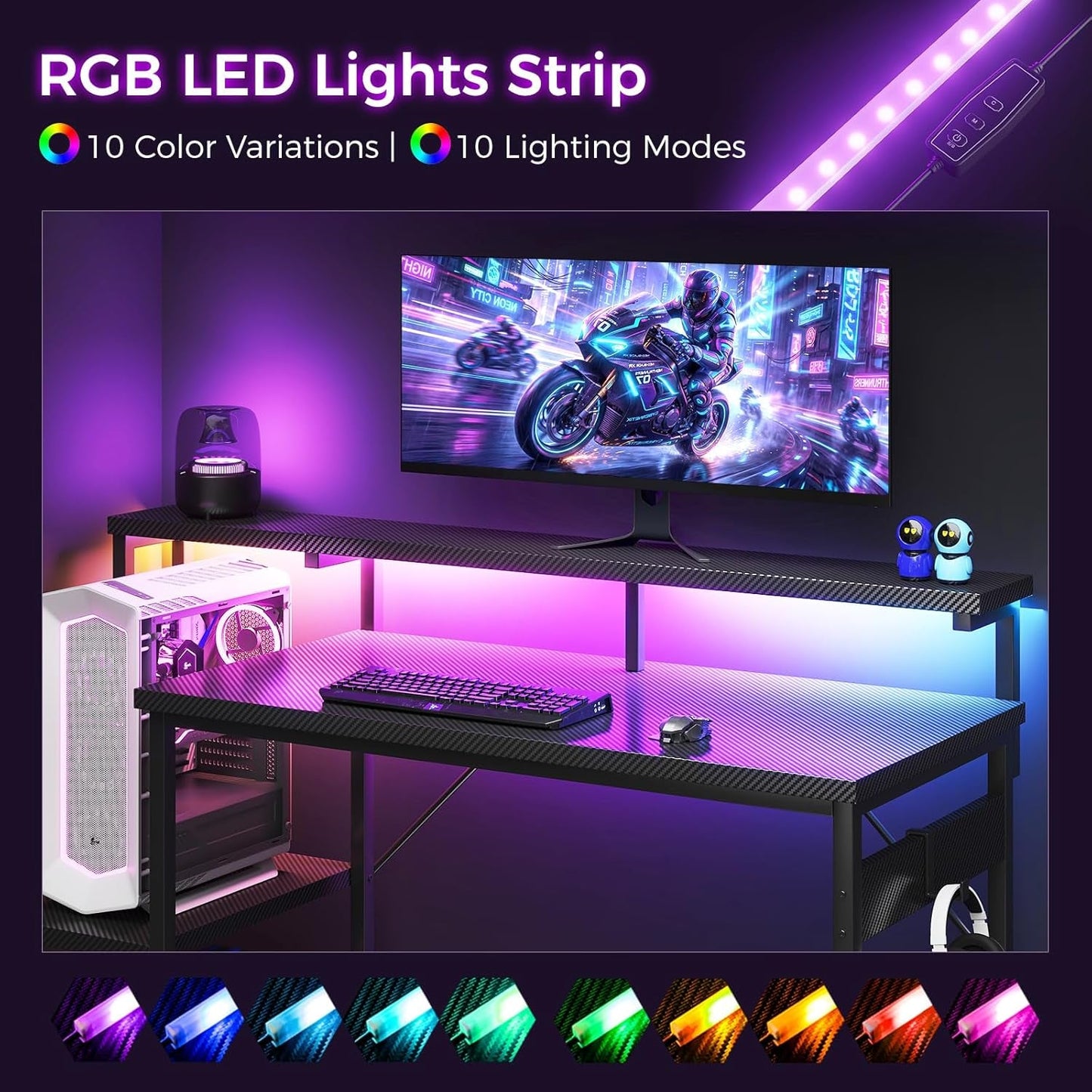 55 Inch Gaming Desk With LED Lights