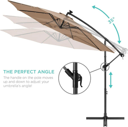 10 Foot Solar LED Offset Patio Umbrella With Easy Tilt Adjustment In Tan For Backyard Use