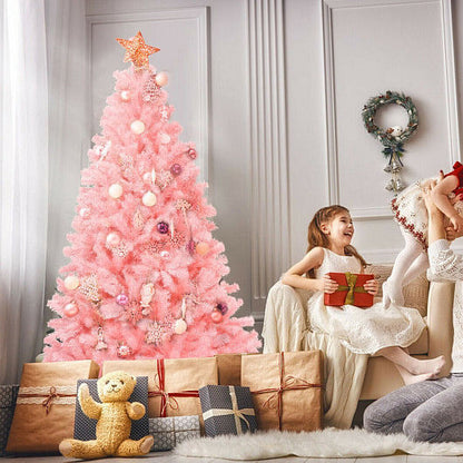 6 Feet Pink Artificial Hinged Spruce Full Christmas Tree with Foldable Metal Stand-1