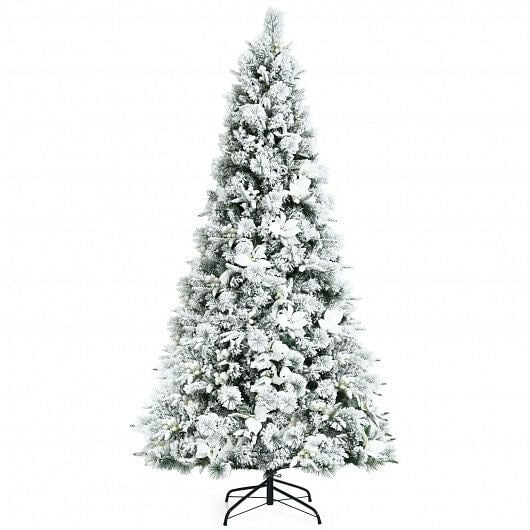 7 Feet Snow Flocked Christmas Tree with Poinsettia Flowers-0