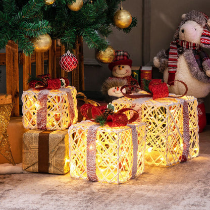 Set of 3 Christmas Lighted Gift Boxes Decorations with Red Bowknots - Color: Red & White