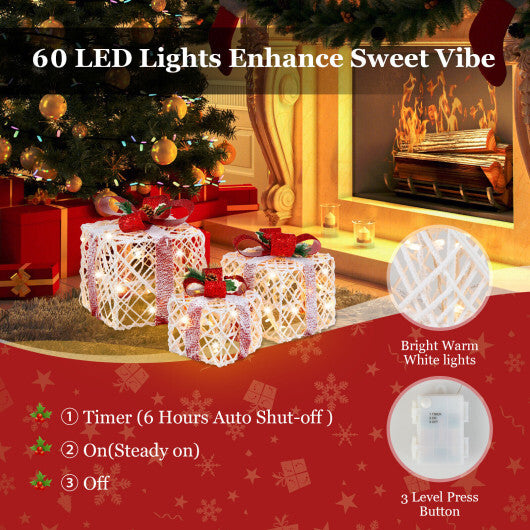 Set of 3 Christmas Lighted Gift Boxes Decorations with Red Bowknots - Color: Red & White
