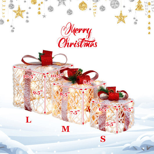 Set of 3 Christmas Lighted Gift Boxes Decorations with Red Bowknots - Color: Red & White