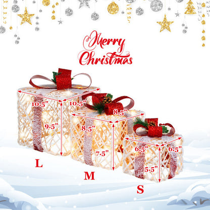 Set of 3 Christmas Lighted Gift Boxes Decorations with Red Bowknots - Color: Red & White