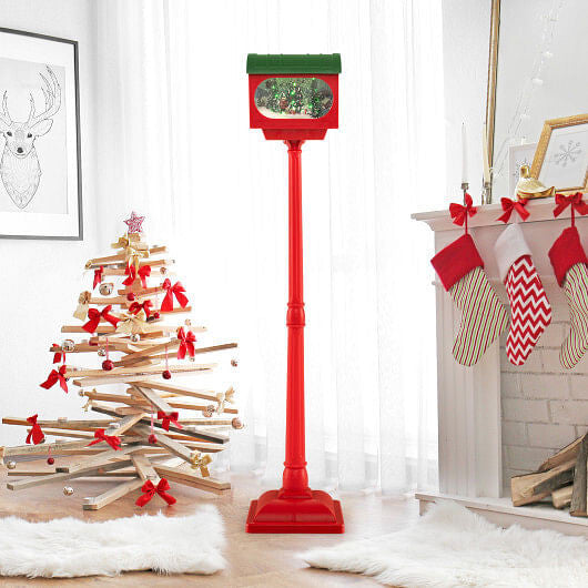 59 Inch Christmas Street Lamp with Sound-Activated Snow Globe Lantern-Red-1