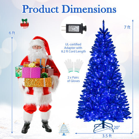 Pre-Lit Artificial Christmas Tree with 340 Blue LED Lights and 3 Modes-7 ft