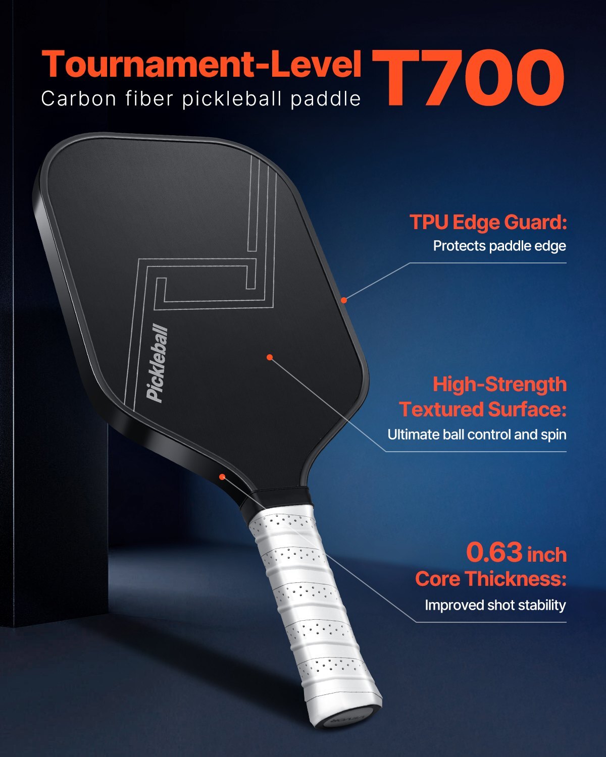 Pickleball Paddle, T700 Carbon Fiber Surface & Honeycomb Core, Professional Pickleball Paddle with Increased Power & Control & Spin, Pro Pickle Ball Racket for Adults, Men & Women, Black