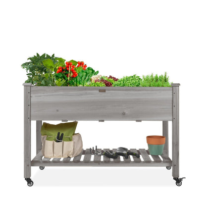 Outdoor Grey Wood Raised Garden Bed Planter Box with Shelf and Locking Wheels-1