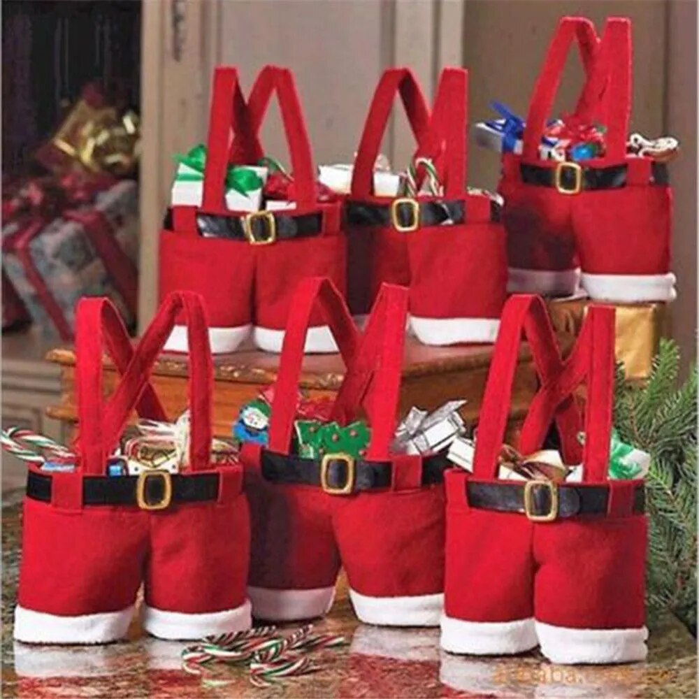 Christmas Gift Treat Candy Wine Bottle Holder Santa Claus Suspender Pants Trousers Decor Christmas Gift Bags Large Handbag Bag