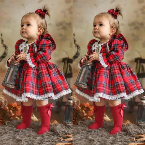 Christmas Dress Baby Girls Red Plaid Lace Ruffles Tutu Princess Party Dress Xmas Outfit Clothes