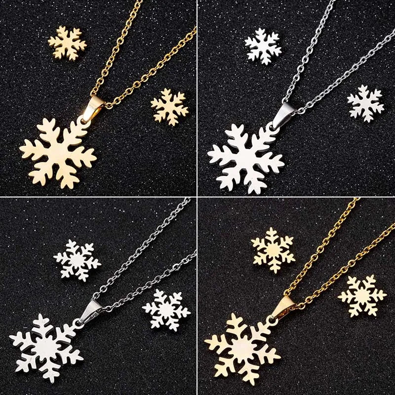 Jisensp New Snowflake Pendant Jewelry Necklace Trendy Stainless Steel Snow Flower Necklaces for Women Kids Christmas Gift