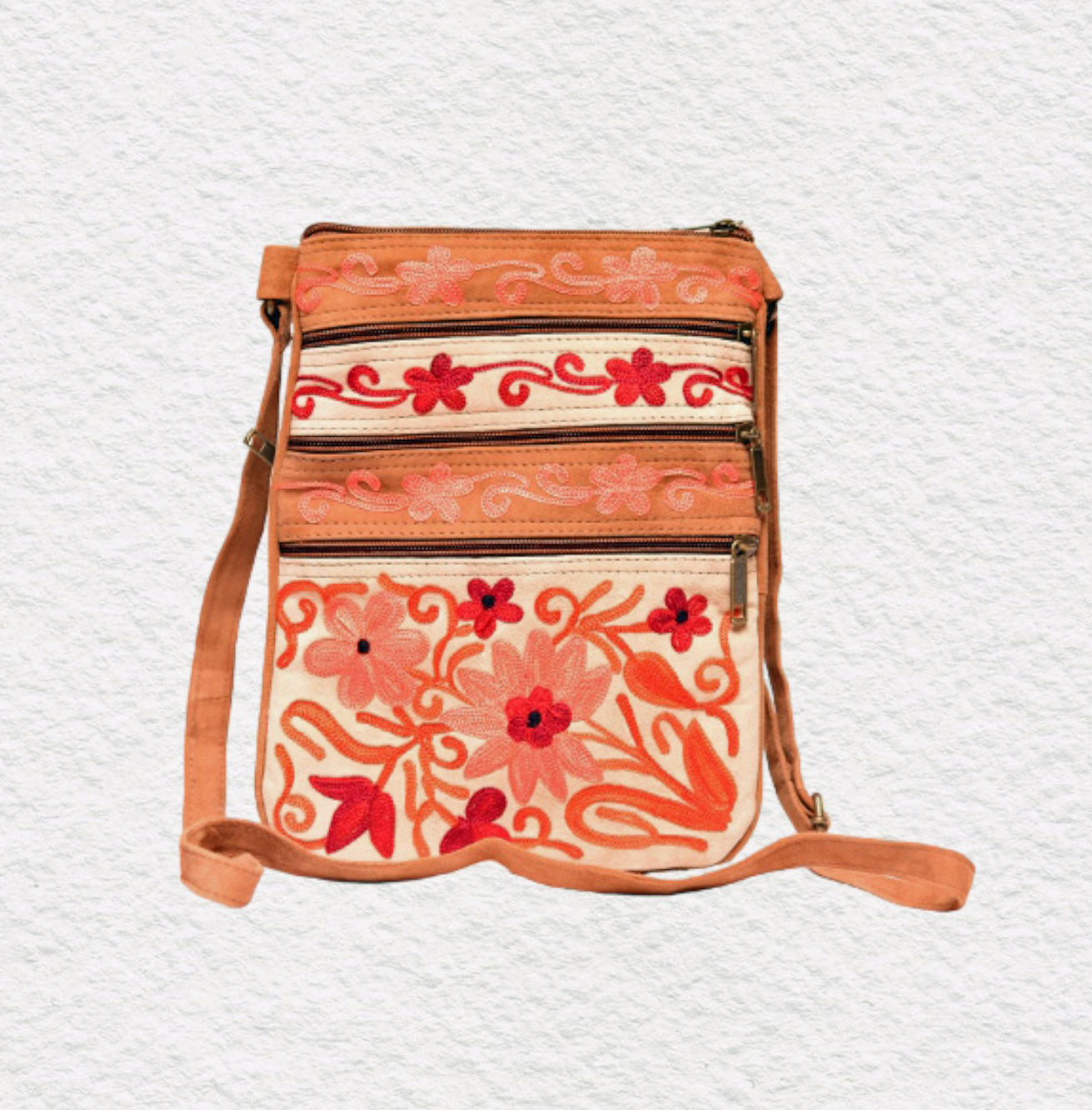 Suede Embroidered Five Zipper Crossbody Bag-0