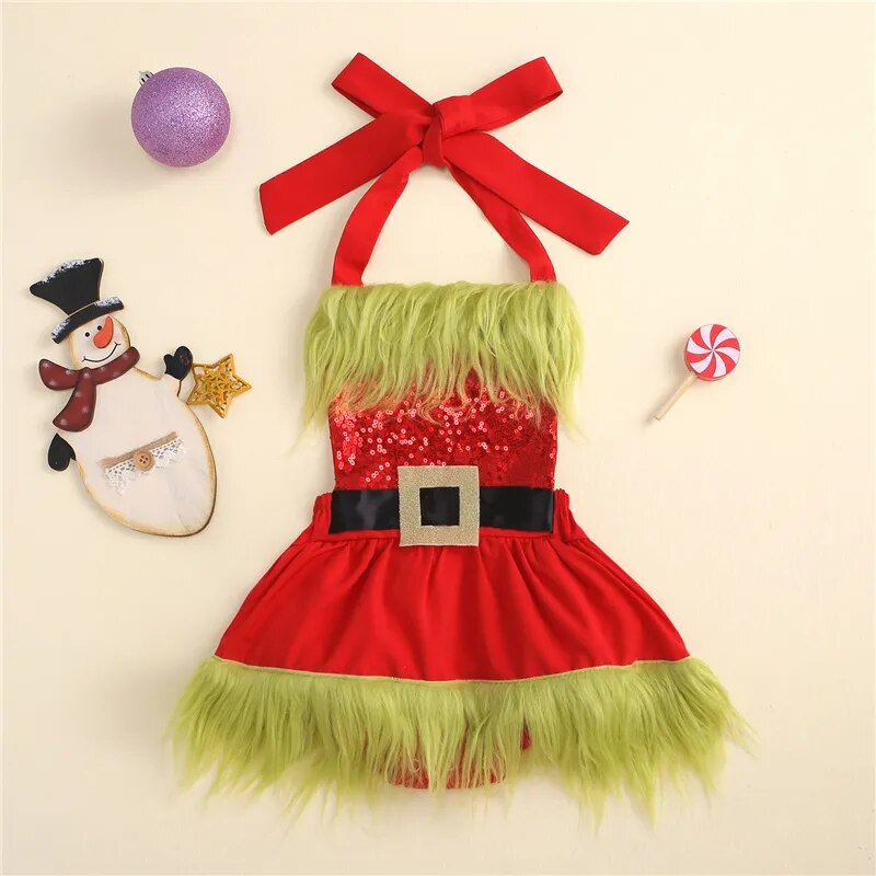 Christmas Baby Sequin Bodysuit Dress, Sleeveless Plush Square Collar Halter Backless Romper Dress Kids XMAS Clothing, 0-24Months