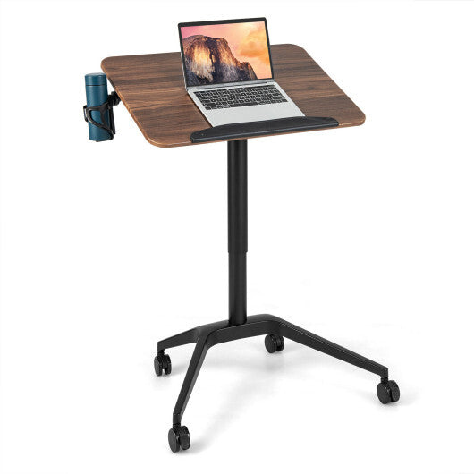 Pneumatic Standing Desk with Anti-fall Baffle and Cup Holder - Color: Brown