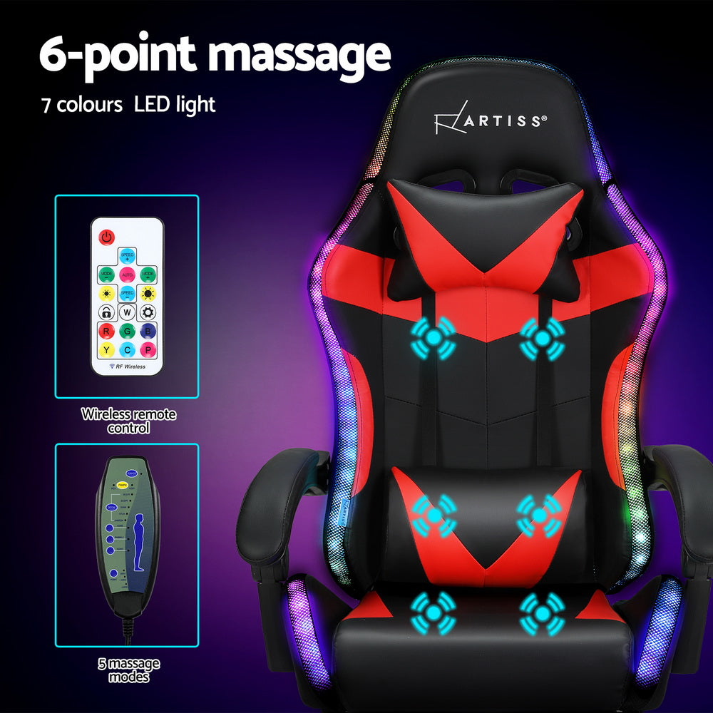 NNEDSZ 6 Point Massage Gaming Office Chair 7 LED Footrest Red-3