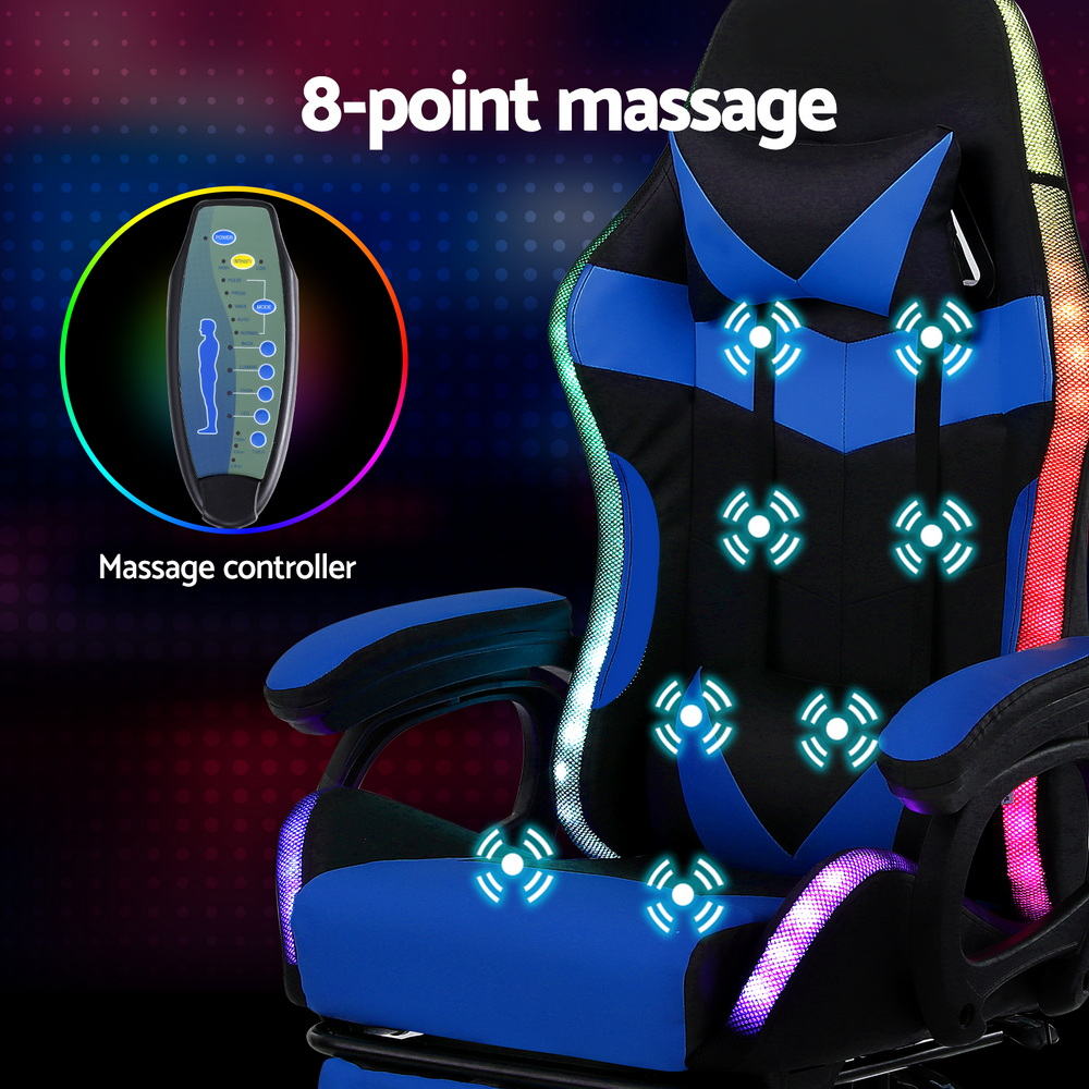 Artiss Gaming Office Chair 12 RGB LED Massage Computer Work Seat Footrest Blue-4