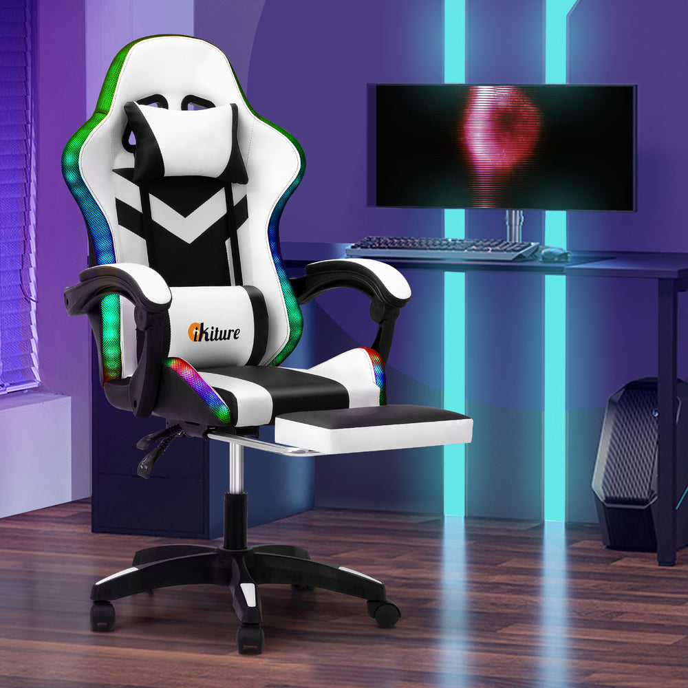 NNEED Racing Gaming Chair 7 RGB LED 8 Points Massage Black&White-1
