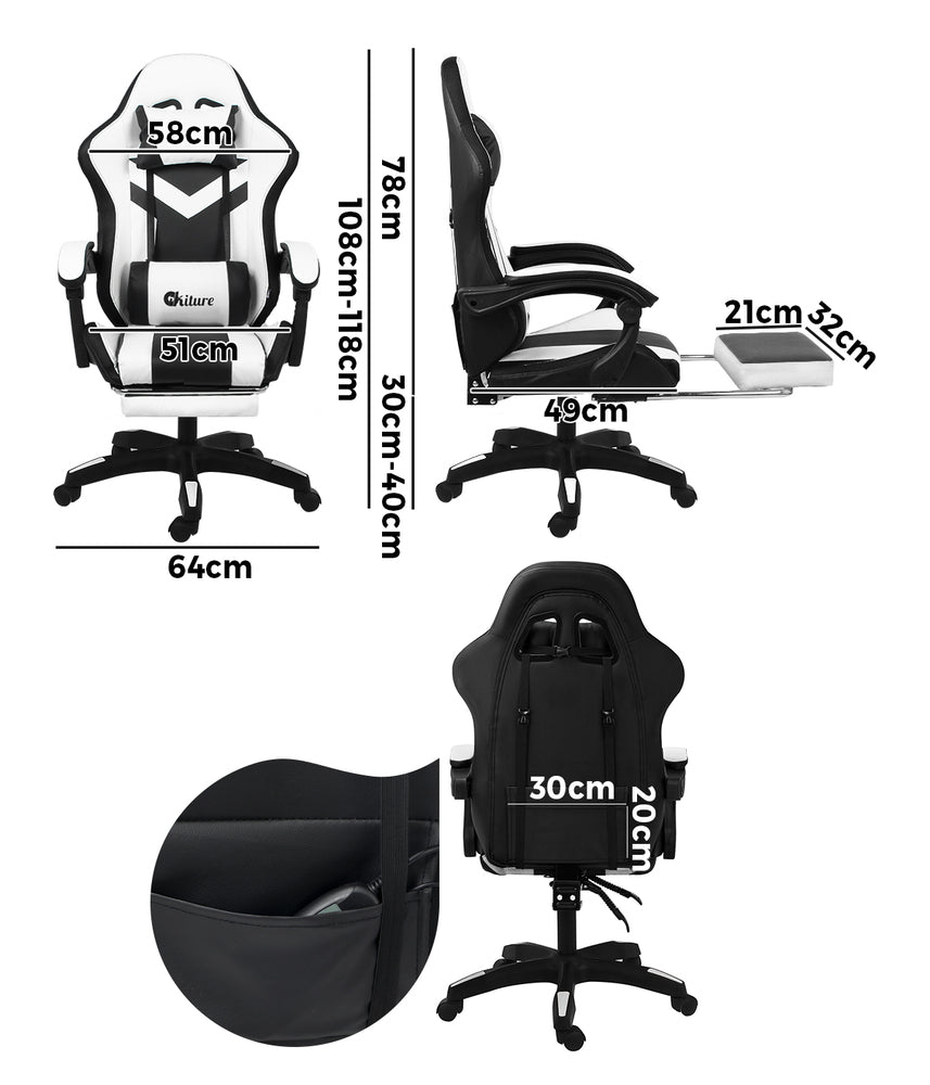 NNEED Racing Gaming Chair 7 RGB LED 8 Points Massage Black&White-3