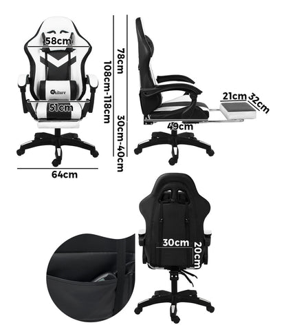 NNEED Racing Gaming Chair 7 RGB LED 8 Points Massage Black&White-3