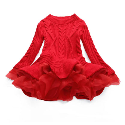 Girls Red Christmas Long Sleeve Knitting Dresses Witnter Warm Birthday Party Ruffle Princess Costume Kids Vestido