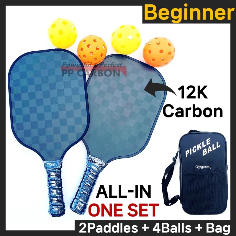 All-in-one Set For Two Pickle Ball For Beginners Premium 12K Carbon Fiber Paddle 4 Balls with Free Portable Racket Bag All Age