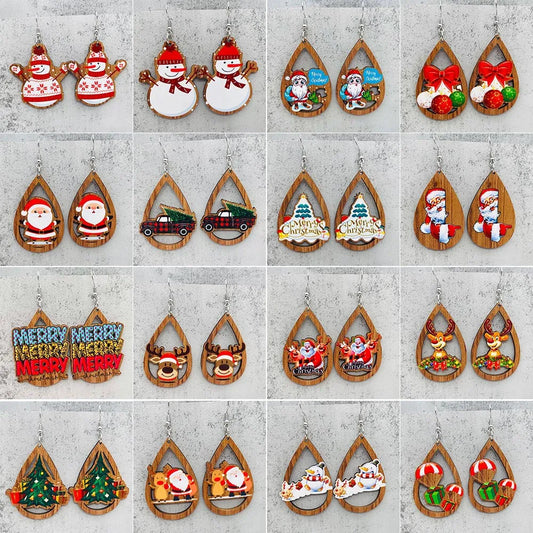 Fashion Retro Christmas Jewelry Santa Claus Bells Red Car Water Drop Wooden Earrings for Women Jewelry Holiday Gifts