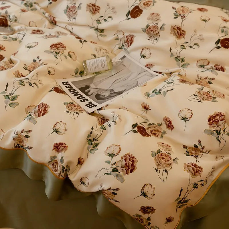 Chic Elegant Floral Bedding Set Fresh Cooling Eucalyptus lyocell 4Pcs Double Queen Summer Soft Duvet cover Bedsheet Pillowcases