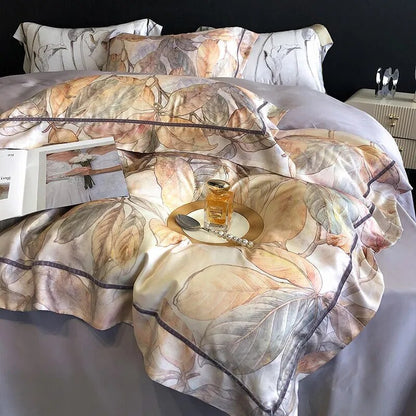 1000TC Eucalyptus Lyocell Soft 4Pcs Duvet Cover Set with Bedsheet Pillowcases Double Queen King Leaves Bedding set Fitted sheet