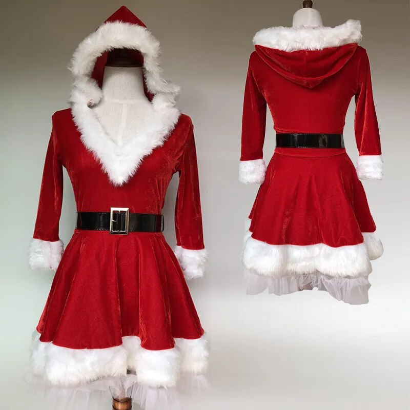 Fashion Miss Claus Dress Suit Women Christmas Fancy Party Dress Sexy Santa Outfits Hoodie Santa Claus Sweetie Cosplay Costumes