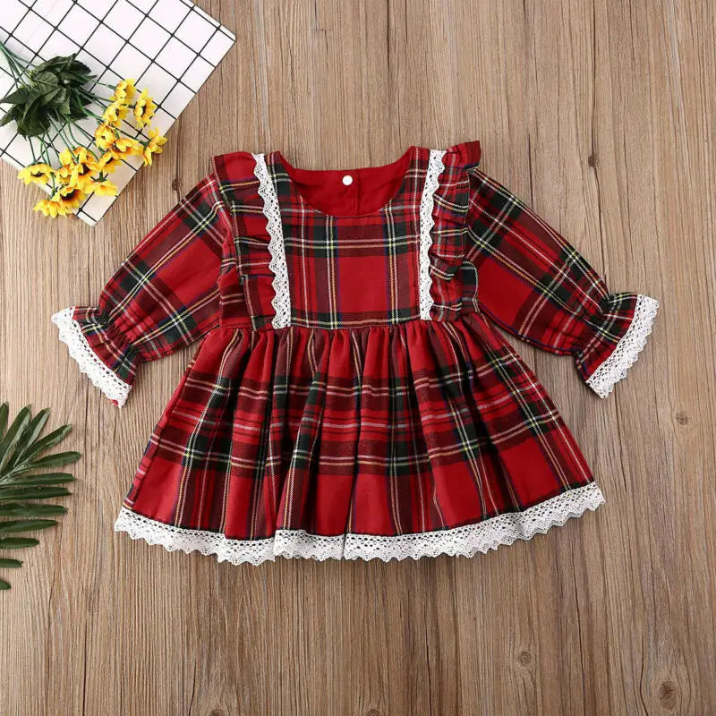 Christmas Dress Baby Girls Red Plaid Lace Ruffles Tutu Princess Party Dress Xmas Outfit Clothes