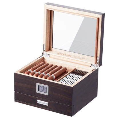 VEVOR 50 Cigar Humidor Glasstop Cedar Cigar Box Humidifier & Hygrometer & Drawer