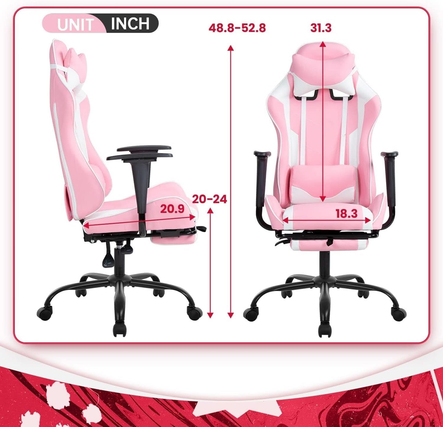 Pink PC Gaming Chair With Lumbar Support For Home Office-2