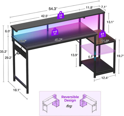 55 Inch Gaming Desk With LED Lights