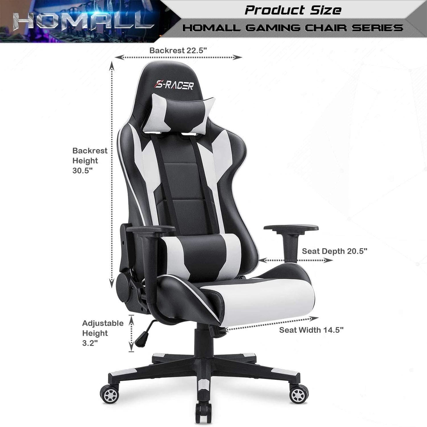 White Leather Ergonomic Gaming Chair With Lumbar Support-2